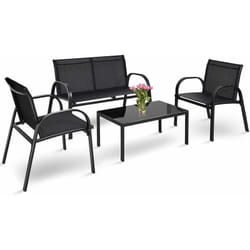 Salon de Jardin 4 Places 4 Pièces en Textilène avec 2 Chaises 1 Banc et 1 Table Basse Vitrée Cadre en Métal pour Baclon/Terrasse/Patio, Noir - Costway
