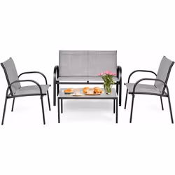 Attributs : 【Ensemble de meuble de jardin】 : Composé d'une banquette, de 2 chaises et d'une table basse, cet ensemble convien ...