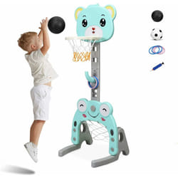 Costway - Panier de Basket Enfants 3 en 1 avec Hauteur Ajustable 133-158cm, avec des Jeux de Basket-ball, de Football et de Lancer d'Anneaux