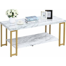 COSTWAY Table Basse à 2 Etages Imprimée Marbre Table à Thé Design Moderne, avec Dessus MDF et Châssis Métallique Peint Or,Convient aux