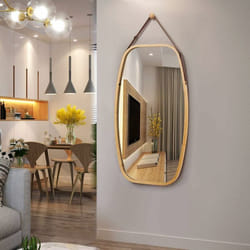 COSTWAY Miroir Mural Suspendu avec Cadre en Bambou et Sangle en Cuir Réglable, Coin Arrondi, pour Salon, Chambre, Entrée etc.