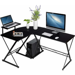 Bureau d'Angle en Forme de l Détachable avec Support pour Moniteur,Compartiment de Rangement 147x112x79CM Industriel Noir - Costway