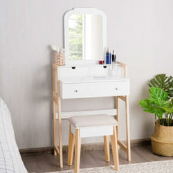 Coiffeuse, Table de Maquillage à 2 Niveaux avec 3 Tiroirs 1 Miroir (Hauteur Réglable) et 1 Tabouret Rembourré - Costway