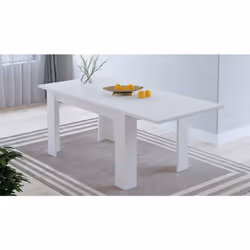 Table à manger, table de salon rectangulaire coloris blanc; extensible jusqu'à 198 cm en panneau de particule mélaminé. Dimen ...