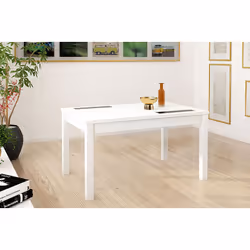 Table à manger, table de salon rectangulaire extensible jusqu'à 180 cm coloris blanc en panneau de particule mélaminé. Pratiq ...