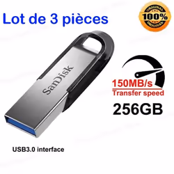 3PCS Clé USB - SANDISK Ultra Flair 256 Go - USB 3.0 vitesses allant jusquà 150 Mo/s Protection par mot de passe 100% dorigina ...