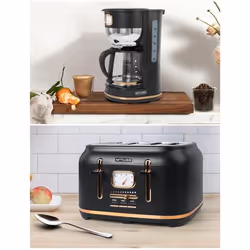 PACK CAFETIERE RETRO VINTAGE 1000W SANS FIL NOIRE DORE + GRILLE-PAIN NOIRE 1800W 4 FENTES NOIR DORE