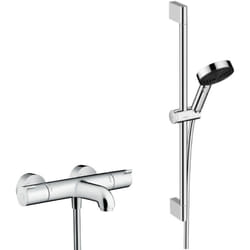 Ecostat Set Mitigeur Thermostatique bain/douche + Douchette à main xxl 105mm 3 jets, flexible douche 160cm, barre 65cm - Hansgrohe