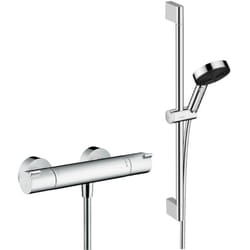 Ecostat Set Mitigeur thermostatique douche + Douchette à main xxl 105mm 3 jets, flexible douche 160cm, barre 65cm - Hansgrohe