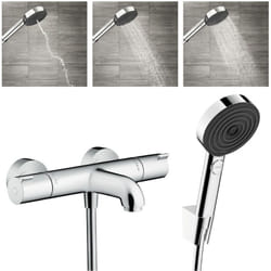 Ecostat Set Mitigeur Thermostatique bain/douche + Douchette à main 105mm 3 jets + Flexible douche 160cm + Support mural, Chrome - Hansgrohe