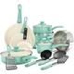 Batterie de Cuisine - GREENLIFE - Soft Grip - Antiadhésive sans PFAS - 16 pièces - Turquoise
