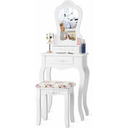 Coiffeuse avec Tabouret Table de Maquillage avec 3 Tiroirs et Dessus Amovible Blanc - Costway