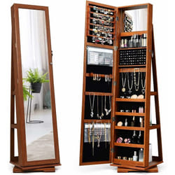 Armoire à Bijoux Pivotante à 360 Degrés, avec Grand Miroir Psyché et Etagère de Rangement à L'Arrière Marron - Costway