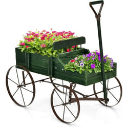 Costway - Brouette Décorative en Bois avec 2 Compartiments à Planter Roues Métalliques Poignée Charge 15kg pour Cour Vert