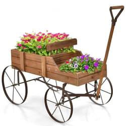 Costway - Brouette Décorative en Bois avec 2 Compartiments à Planter Roues Métalliques Poignée Charge 15kg pour Cour Marron