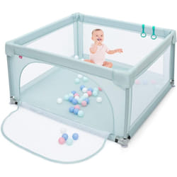 Costway - Parc Bébé Portable aevc 50 Boules Colorées Barrière de Sécurité de Enfants, Pieds Antidérapantes Bleu