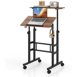 Costway - Bureau Debout Mobile, Chariot pour Ordinateur Portable à Hauteur Réglable avec Plateau Angle Ajustable, 2 Crochets Amovibles et roulettes