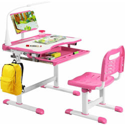 Bureau Enfants avec Chaise, Réglable en Hauteur, Éclairage led, Plateau Inclinable et Tiroir Coulissant, Rose - Costway