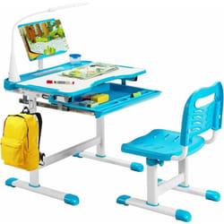 Bureau Enfants avec Chaise, Réglable en Hauteur, Éclairage led, Plateau Inclinable et Tiroir Coulissant, Bleu - Costway