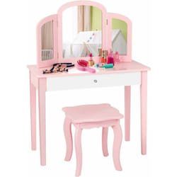 Coiffeuse pour Enfants 2 en 1 avec Miroir Amovible et Pliable, 1 Grand Tiroir Style Princesse Rose - Costway