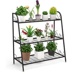 Costway - Etagère de Plantes à 3 Etages en Métal en Forme d'Echelle Intérieur/Extérieur avec Pied Réglable pour Jardin Balcon Salon