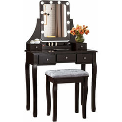 Costway - Coiffeuse, Table de Maquillage avec 10 Ampoules led à Intensité Variable Tabouret avec 5 Tiroirs et Boîtes de Rangement Amovibles Marron