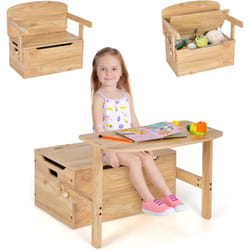 Costway - 3 en 1 Table Enfant en Bois avec Chaise, Banc Coffre à Jouets avec Couvercle & Poignée Découpée, Table d'Activités Convertible pour