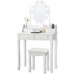 Coiffeuse avec 10 Ampoules, Table de Maquillage avec Tabouret, Miroir Ovale, Interrupteur et 4 Tiroirs, 75x40x145cm Blanc - Costway