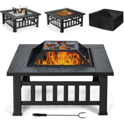 Costway - Brasero Jardin Multifonctions 81 x 81 x 50 cm avec Pare-étincelles,Grille Porte-bûches,Gril pour bbq Tisonnier en Acier Noir