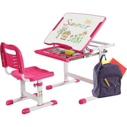 Bureau Enfant à Hauteur Réglable Inclinable 0-45°, Ensemble Table et Chaise avec Plateau, 1 Tiroir et Crochet en Métal Rose - Costway