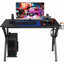 Costway - Bureau Gamer Table Informatique 115 x 75 x 76 cm avec Porte-Gobelet Stable k Cadre en Acier Robuste Noir