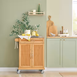 SoBuy Desserte de Cuisine À Roulettes en Bambou avec Plateau Inox Tiroir et Placard Meuble Plan de Travail 66x46x92cm