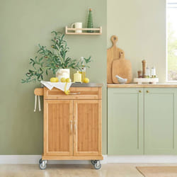 SoBuy Desserte de Cuisine À Roulettes en Bambou avec Plateau Inox Tiroir et Placard Meuble Plan de Travail 66x46x92cm