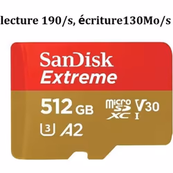 Micro SD SDXC SanDisk Extreme 512 Go Carte Mémoire microSDXC A2 vitesse lecture 190/s écriture130Mo/s Classe 10 U3 V3