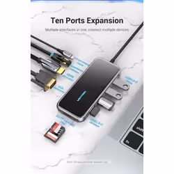 Vention TFGHB, Avec fil, USB 3.2 Gen 1 (3.1 Gen 1) Type-C, 100 W, 10,100,1000 Mbit/s, Gris, Argent, MicroSD (TransFlash), Mic ...