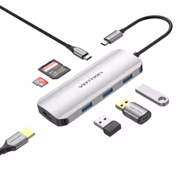 Vention TOJHB, Avec fil, USB 3.2 Gen 1 (3.1 Gen 1) Type-C, 100 W, Gris, Argent, MicroSD (TransFlash), MicroSDHC, MicroSDXC, S ...