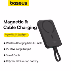Baseus MAGSAFE MINI TYPE-C KABLOLU WIRELESS POWERBANK 10.000 MAH 30W SIYAH Lithium 10000 mAh Noir