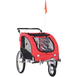 Remorque vélo jogger 2 en 1 pour animaux drapeau roue avant pivotante réflecteurs et barre d'attelage inclus rouge noir