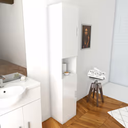Description générale Ce meuble colonne de salle de bain en MDF et mélaminé laqué blanc est conçu pour optimiser l'espace, idé ...