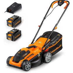 Lawnmaster - CLMF2434G Tondeuse à Gazon sans Fil 24V Max 2x4.0Ah Batterie, 34cm, Jusqu'à 300m² Paillage 32L, Hauteur de Coupe à 6 Niveaux 20-70mm 2