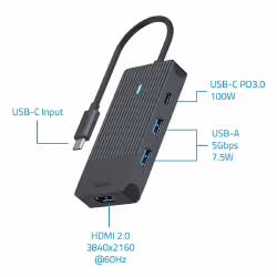 Rapoo UCM-2001, USB Type-C, HDMI, USB 3.2 Gen 1 (3.1 Gen 1), USB Type-C, Mâle, Noir, 7,5 W, 20 V