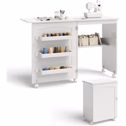 COSTWAY Table de Couture Pliante -3 Bacs et 1 Etagère de Rangement - Roulettes Verrouillables pour Salon Bureau Studio Blanc