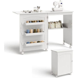 COSTWAY Table de Couture Pliante -3 Bacs et 1 Etagère de Rangement - Roulettes Verrouillables pour Salon Bureau Studio Blanc