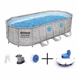 Piscine hors sol 549 x 274 x 122 cm BESTWAY Ovale Power Steel Hublots Echelle Bâche 4 saisons Piscine tubulaire Grise