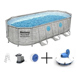 Piscine hors sol 549 x 274 x 122 cm BESTWAY Ovale Power Steel Hublots Echelle Bâche 4 saisons Piscine tubulaire Grise