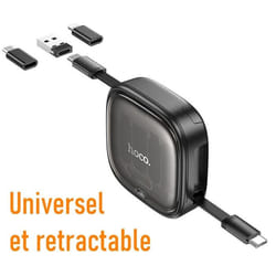 Câble Rétractable HOCO U140 4-en-1 Charge Rapide PD 60W – USB-C Lightning Micro USB depuis USB–C et USB-A 095 m Support