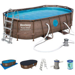 Piscine hors sol à Hublot 4.27x25 x10m - Piscine tubulaire ovale effet rotin tressé + Echelle, Pompe + Bâche 4 saisons Bestway
