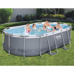 Bestway Power Steel Oval 4.24m x 2.50m x 1.00m, Gris/Bleu, 7250 L, Piscine hors sol, Echelle, Bleu, Gris, 55,5 kg