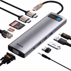 Baseus Metal Gleam Series 11-in-1 Avec fil USB 3.2 Gen 1 (3.1 Gen 1) Type-C Gris