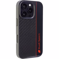 Coque de protection - AUDI - iPhone 16 Pro - Carbone véritable - Design sportif - Noir avec détails rouges